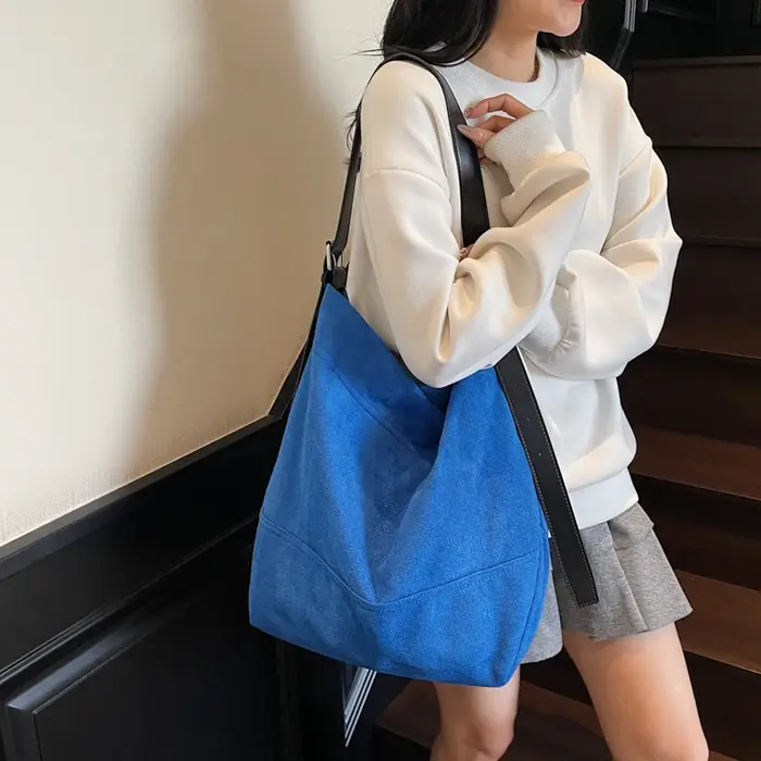 Sac fourre-tout à bandoulière décontracté pour femmes qualité daim couleur Pure grande capacité Shopper