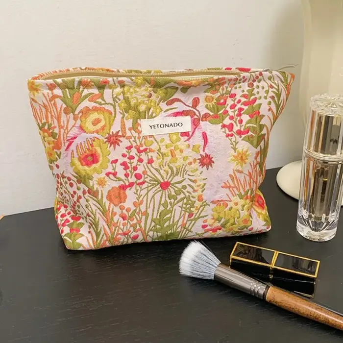 Pochette en toile de polyester à motif floral, fermeture éclair, pochette de rangement pour cosmétiques, grande capacité, portable