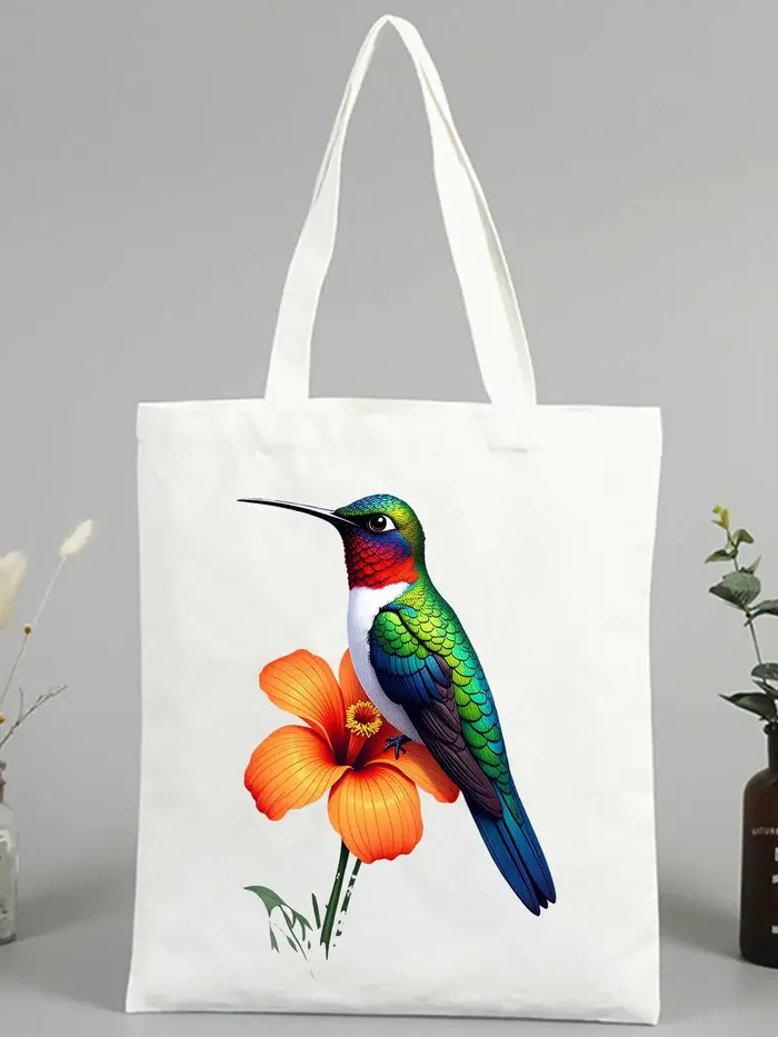 Sac fourre-tout en toile pour femme avec motif colibri et hibiscus