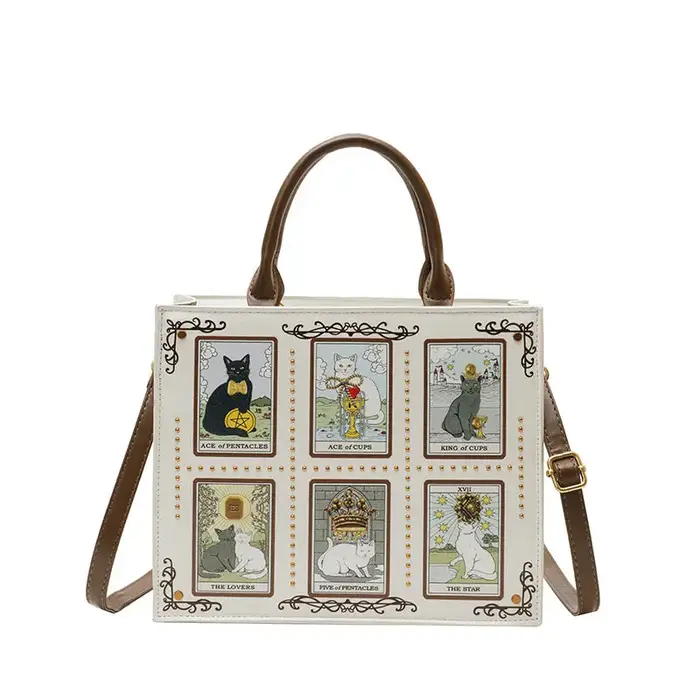 Sac à main de luxe en PU pour femme, motif chat cartes de tarot, style bohème de niche, avec poignée
