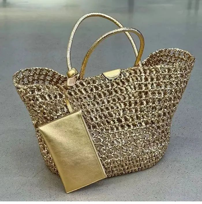 Sac fourre-tout de luxe en maille métallique dorée pour femme