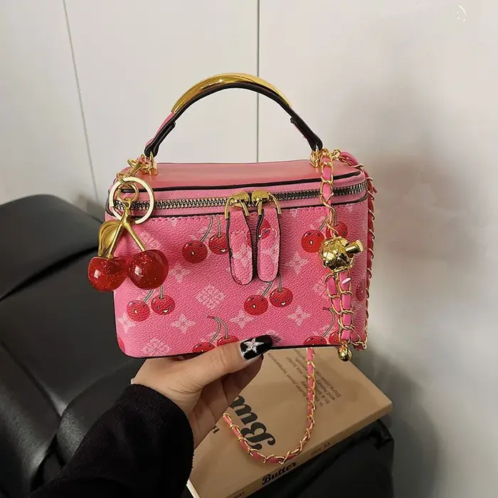 Mini sac carré décoré de cerises, sac à bandoulière pour femme, sac à main rétro à imprimé tendance,