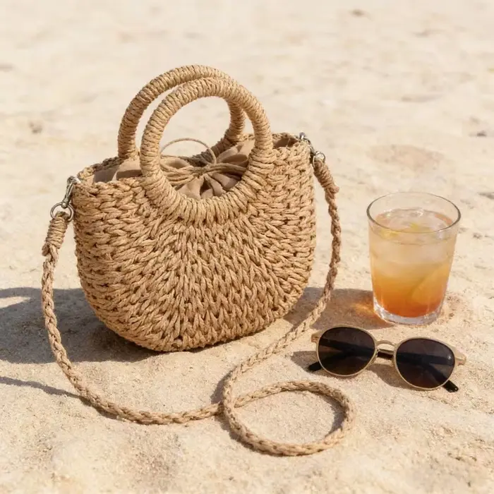 NOUVEAU Sac de plage demi-lune en paille tressée à la main pour femme
