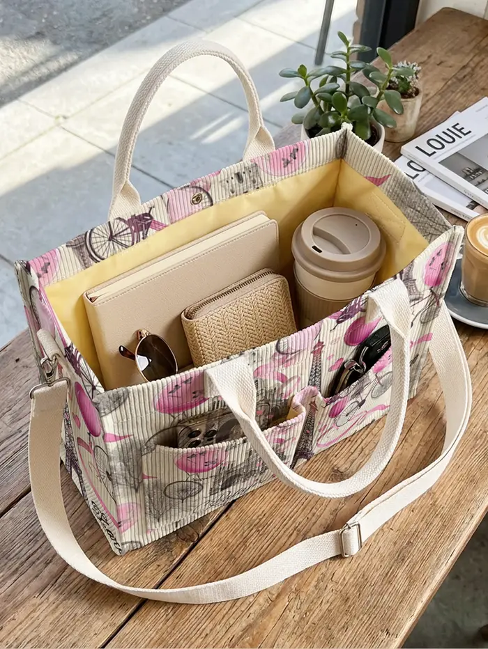 Sac fourre-tout en velours côtelé avec imprimé Tour Eiffel de Paris