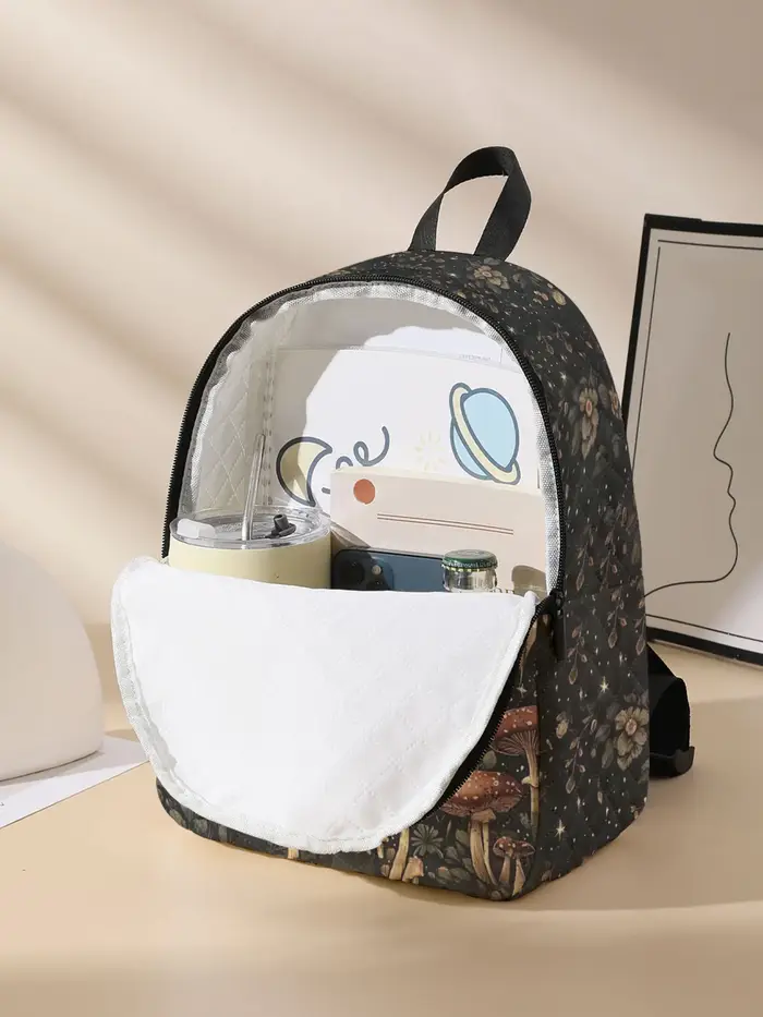 Sac à dos compact matelassé à imprimé floral Bat Moon Mushroom