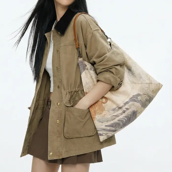 Sac à bandoulière vintage Ukiyo-e pour femme Maden avec sangle en cuir véritable