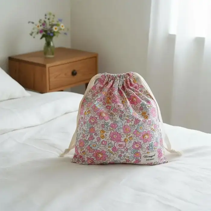 Pochette de rangement vintage en coton floral avec cordon de serrage