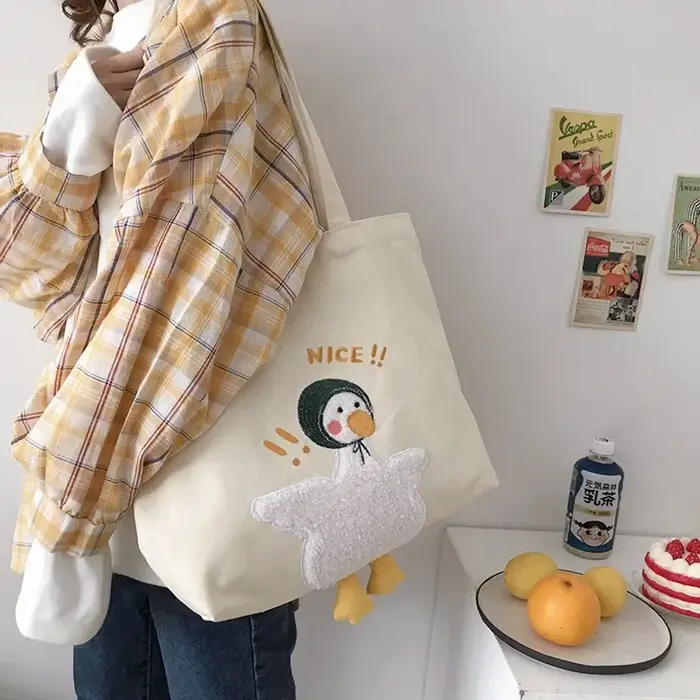 Sac à Main en Toile pour Femme, Design Mignon, Broderie de Canard, Interrupteur Fourre-Tout pour Liv