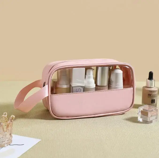Sac à cosmétiques personnalisé avec coutures brodées, sac de bain translucide en PVC de grande capac