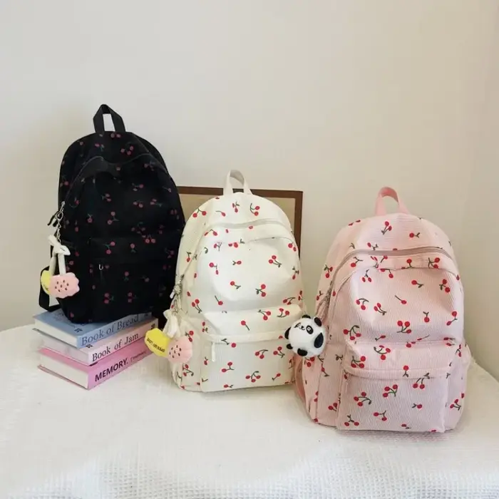 Sac à dos en velours côtelé motif cerise pour femmes