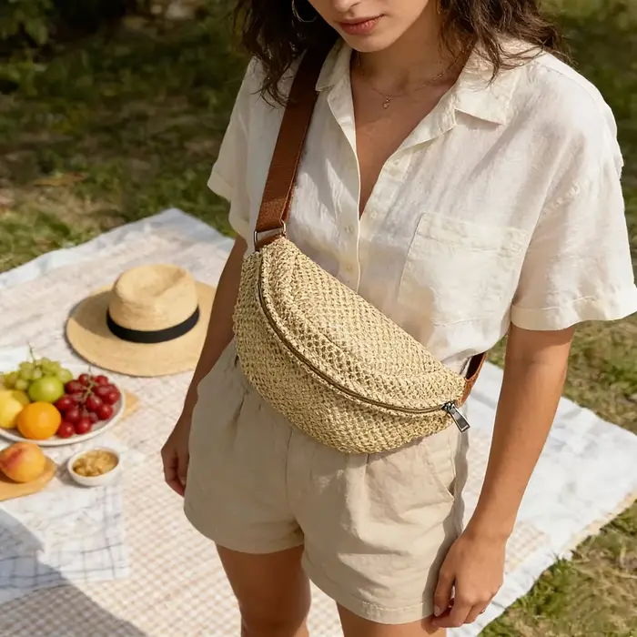 Sac banane tressé en paille pour femme