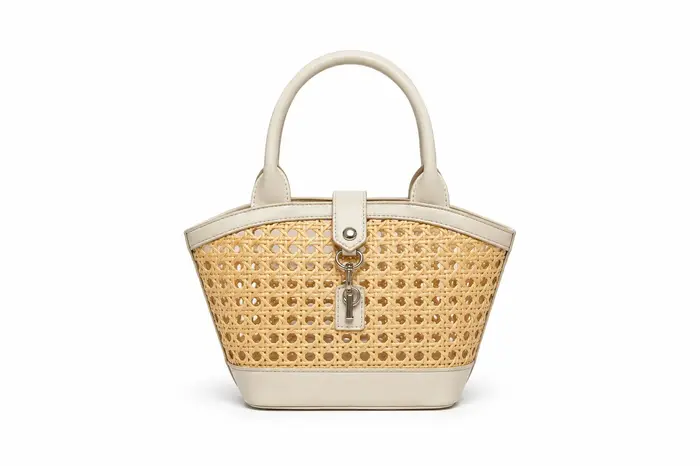 Mini sac à main en rotin pour femme, petit sac fourre-tout tressé avec garniture en cuir, sac bandou