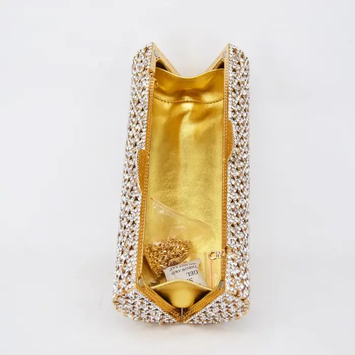 Sac à main cylindrique doré en cristal
