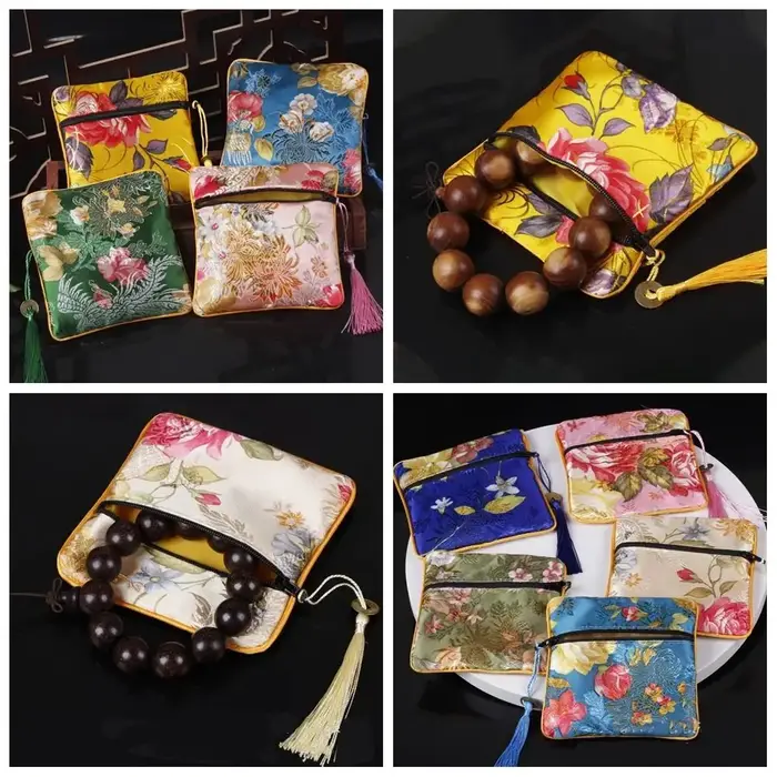 Pochette à monnaie brodée en tissu, motif floral, avec pendentif en cuivre, sac de rangement pour bijoux, sac à bracelets, pochette cadeau, pochette à monnaie de style chinois