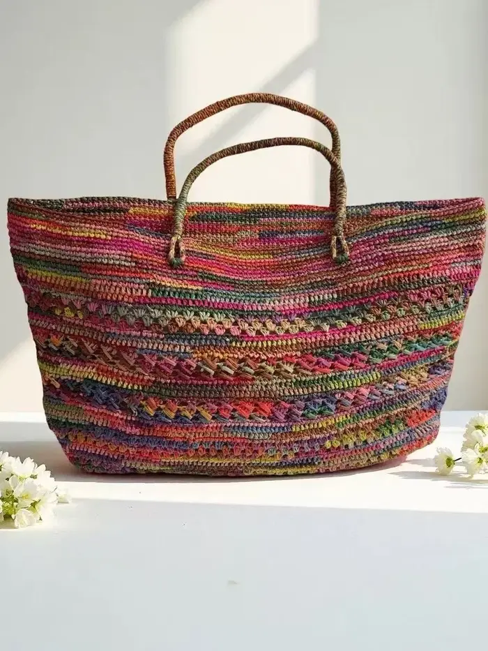 Sac seau coloré en raphia crocheté à la main pour femme
