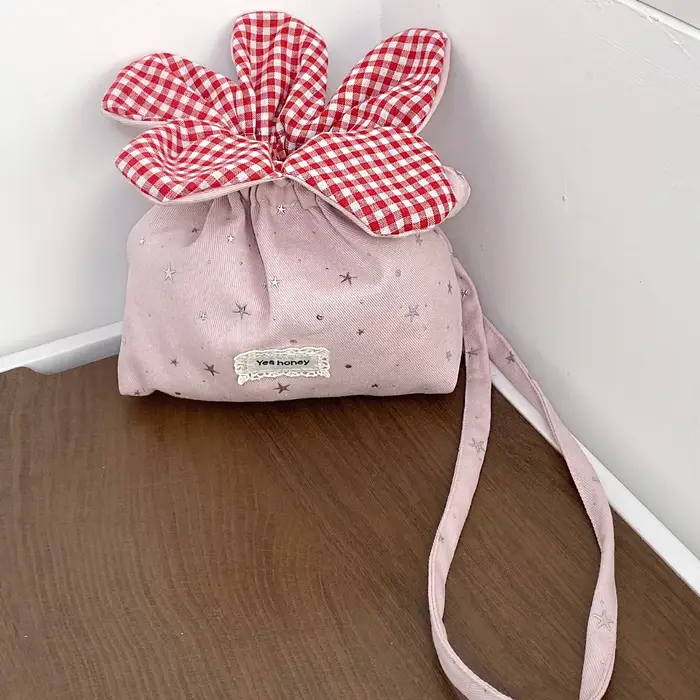 Sac bandoulière à cordon motif fleur, style coréen, à carreaux, avec étoiles scintillantes, mignon e