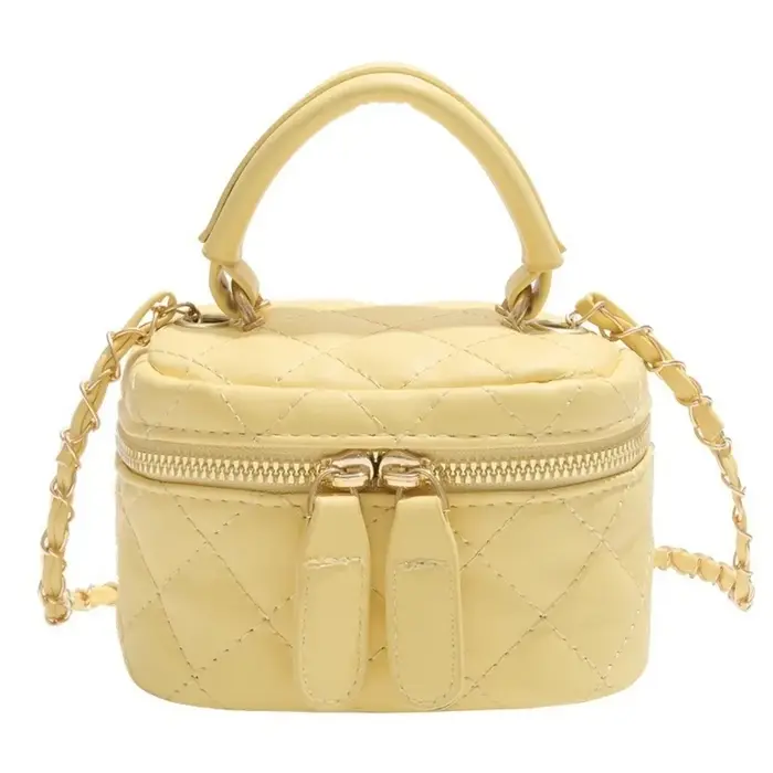 Mini sac seau en cuir matelassé à motif diamant, sac à chaîne à carreaux multicolores avec bandoulière chaîne dorée