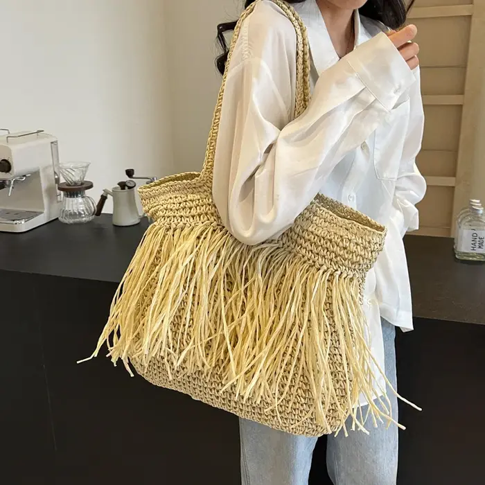 Sac fourre-tout en paille solide tissé pour femme