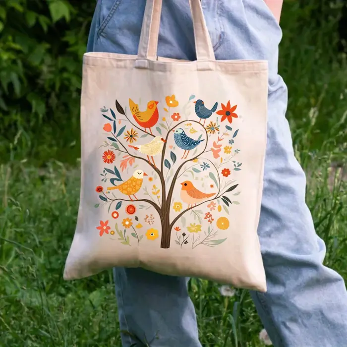 Sac fourre-tout en toile crème, arbre à motifs d'oiseaux et de fleurs, adapté à un usage quotidien