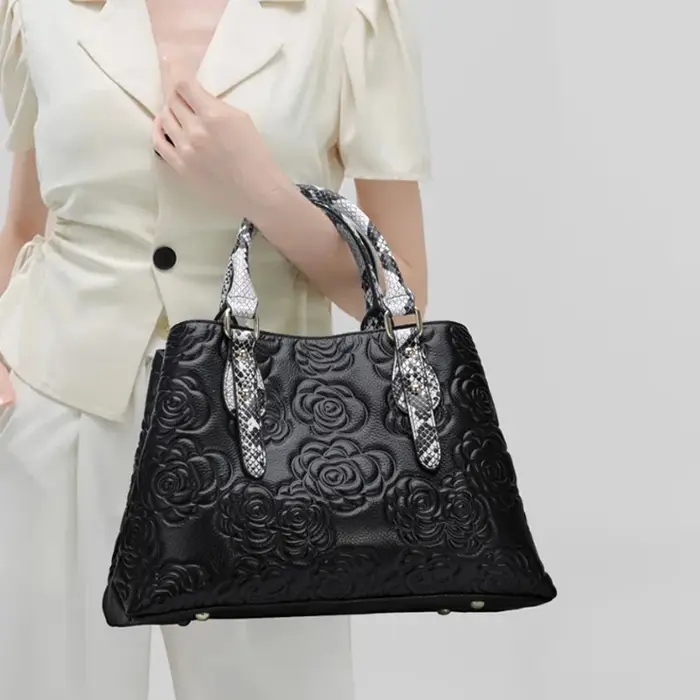 Aidrani Sac à main de luxe en cuir pour femme grande capacité noir avec motif floral et serpent