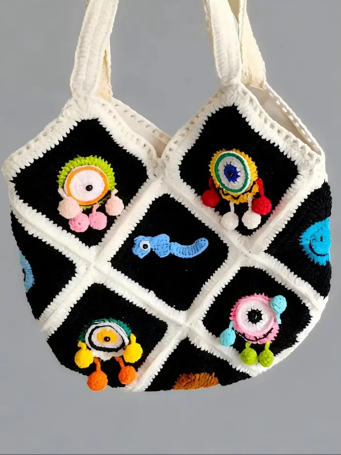 Sac à bandoulière en Crochet fait à la main avec fleur de monstre aux grands yeux