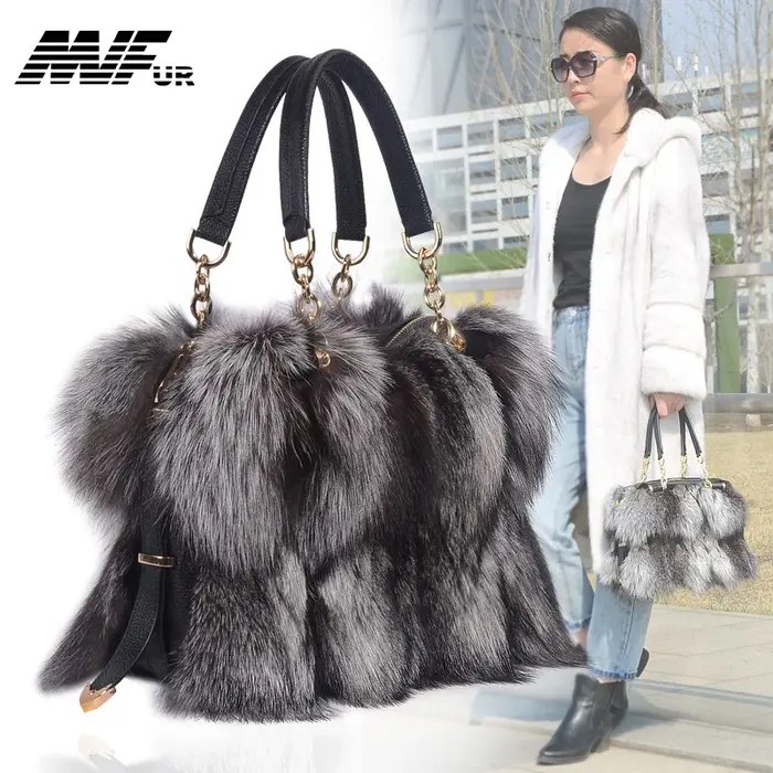 MS.Minshu-Sac à main en renard argenté naturel pour femme