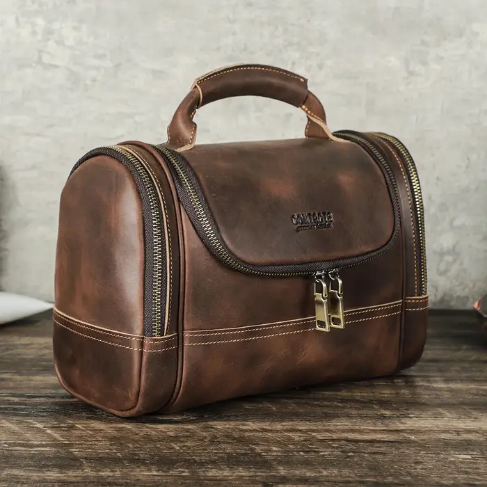 Hommes en cuir véritable voyage affaires toilette rasage sac femmes rétro cosmétique lavage douche organisateur sac à main grande capacité
