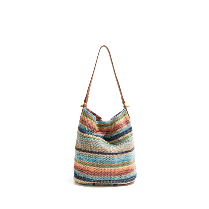 Sac fourre-tout rayé coloré en stock avec poignée supérieure en cuir