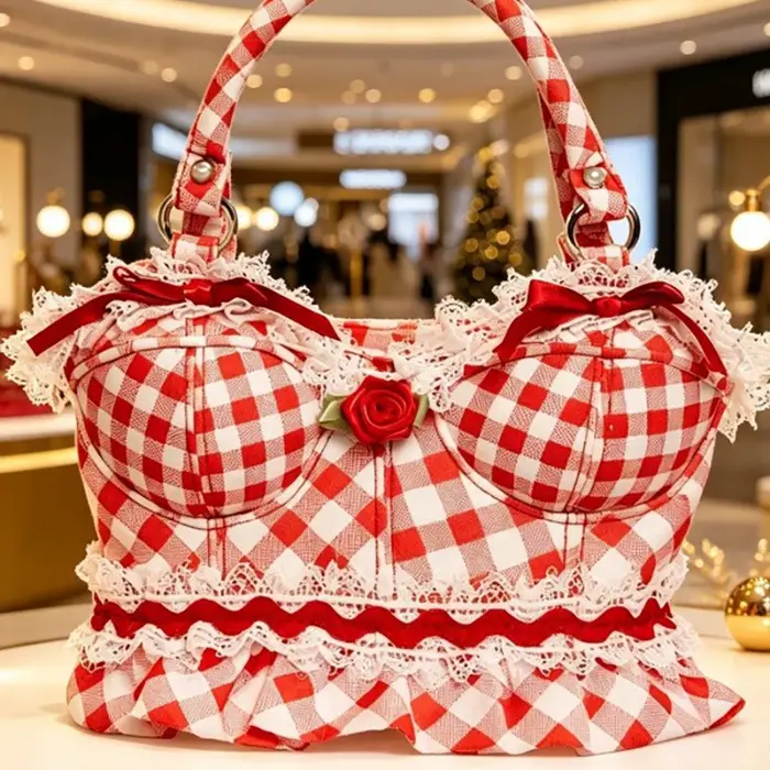 Sac à main vintage en cuir PU à carreaux avec dentelle florale et motif rose