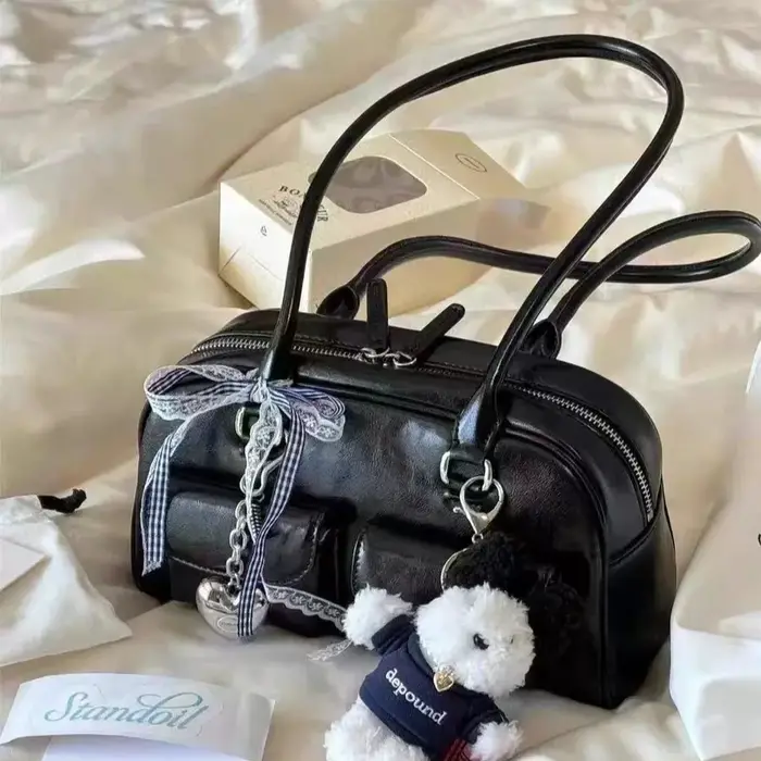 Sac à main de Bowling marron de grande capacité pour femmes, sac à bandoulière rétro avec longue san