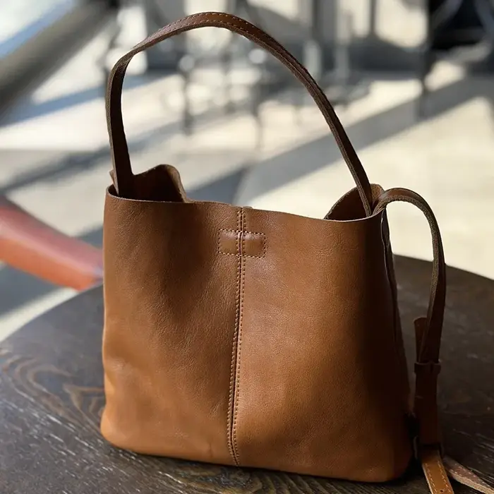 Johnature 2026 Nouveau Sac à bandoulière seau en cuir véritable, style vintage, grande capacité, en