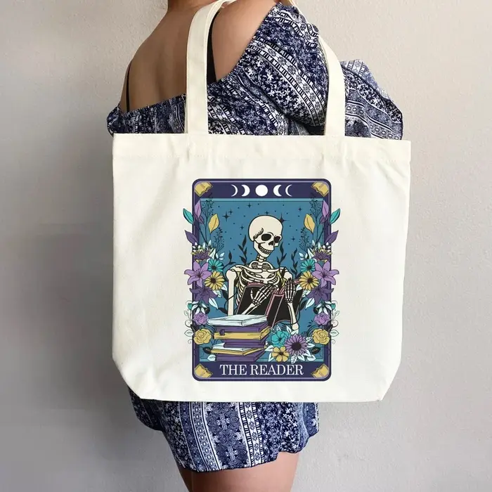 Le lecteur crâne grand sac à main en toile fourre-tout quotidien cadeau pour les amateurs de livres