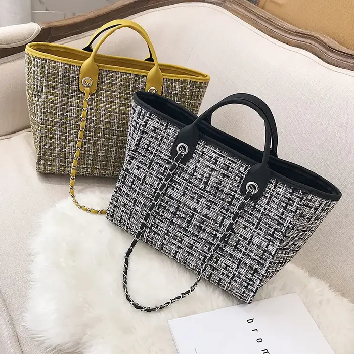 Nouveau Sac à Main Coréen pour Femme 2026 – Sac Seau Tendance à Carreaux Contrastants avec Chaîne