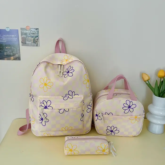 Sac à dos léger à imprimé floral et à carreaux style Sweet Girl, grande capacité, ensemble de trois