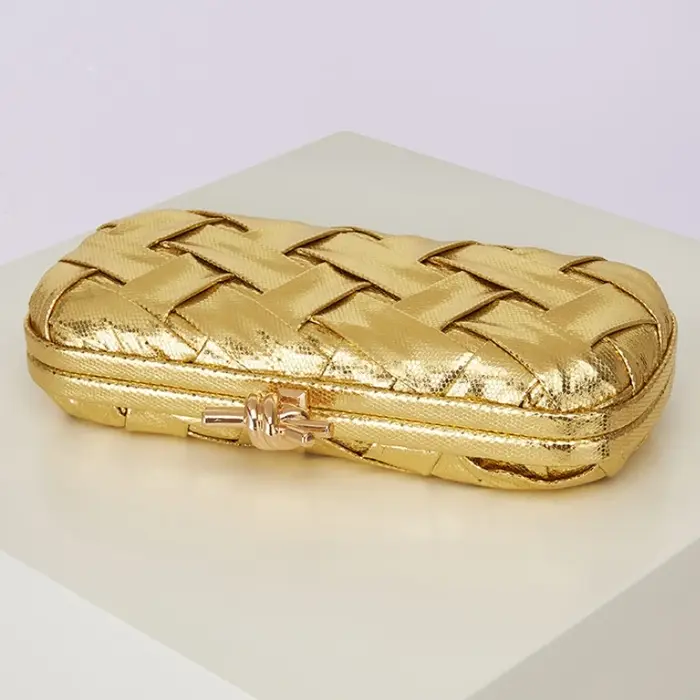 Tendance doré Pu cuir tissé pochette mode fête de mariage sac à main soirée chaîne épaule bandoulière Banquet sac femme