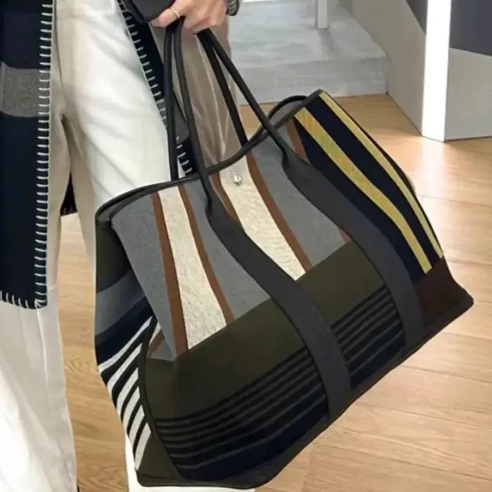 Sac fourre-tout de luxe en toile rayée avec bordure en cuir et poignées roulées, grand sac de course