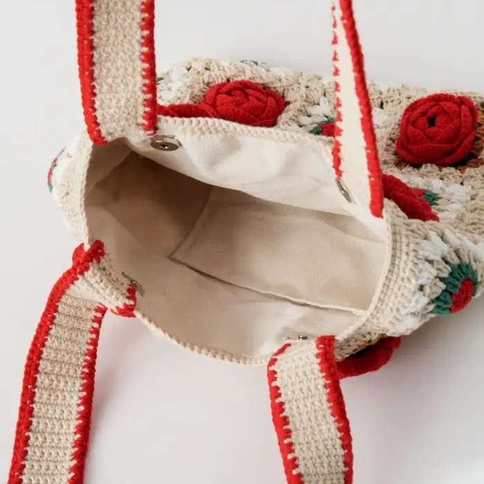 Sac en crochet fait main, tissage de 10 roses en fil de chiffon, sac à bandoulière, sac en tricot rouge, sac en fil rose, cadeau de vacances