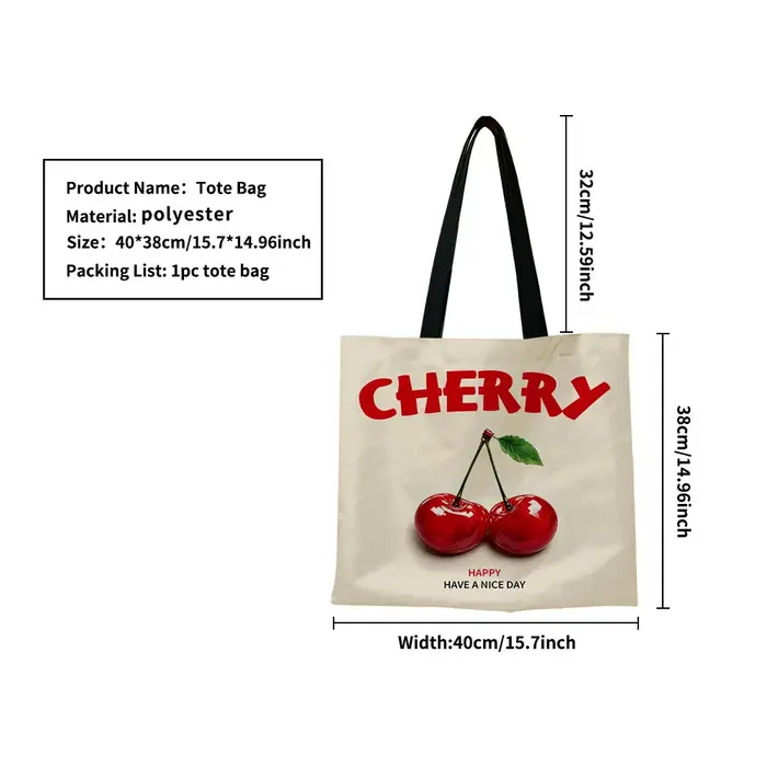 Sac fourre-tout en toile à imprimé cerises – Base crème minimaliste avec inscription « CHERRY » rouge vif et graphique