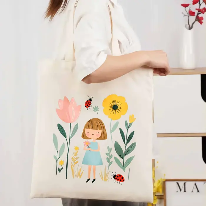 Sac fourre-tout en toile crème avec imprimés fille