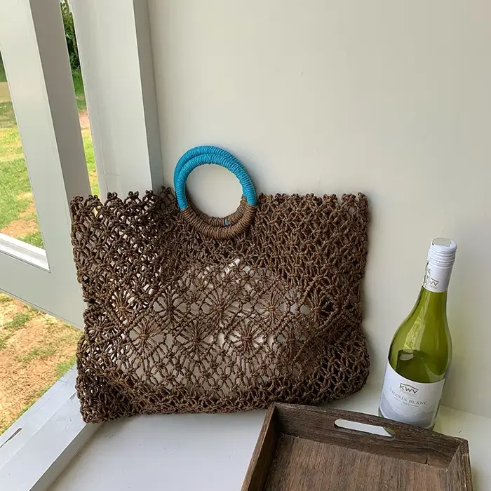 Sac de voyage en raphia et rotin, sac à main tressé bohème, fourre-tout décontracté d'été en paille 