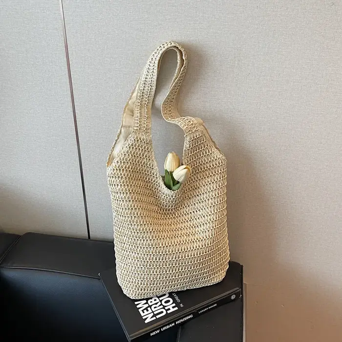 Nouveau Sac à Bandoulière Grande Capacité en Paille Tressée Style Vacances Printemps-Été 2026