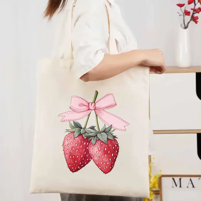Sac fourre-tout en coton imprimé fraise crème avec nœud rose pour un usage quotidien et un shopping