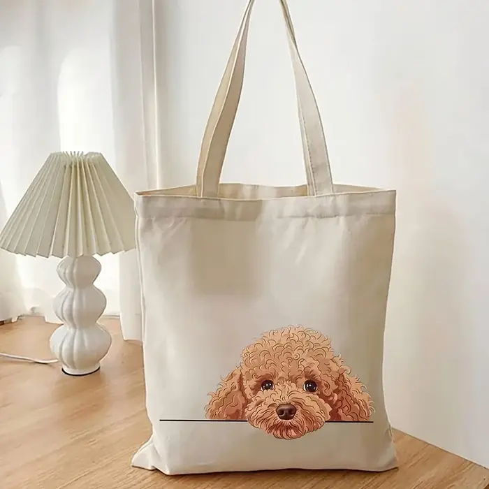 Sac fourre-tout en toile avec imprimé visage de chien en peluche mignon, idéal pour un usage quotidi