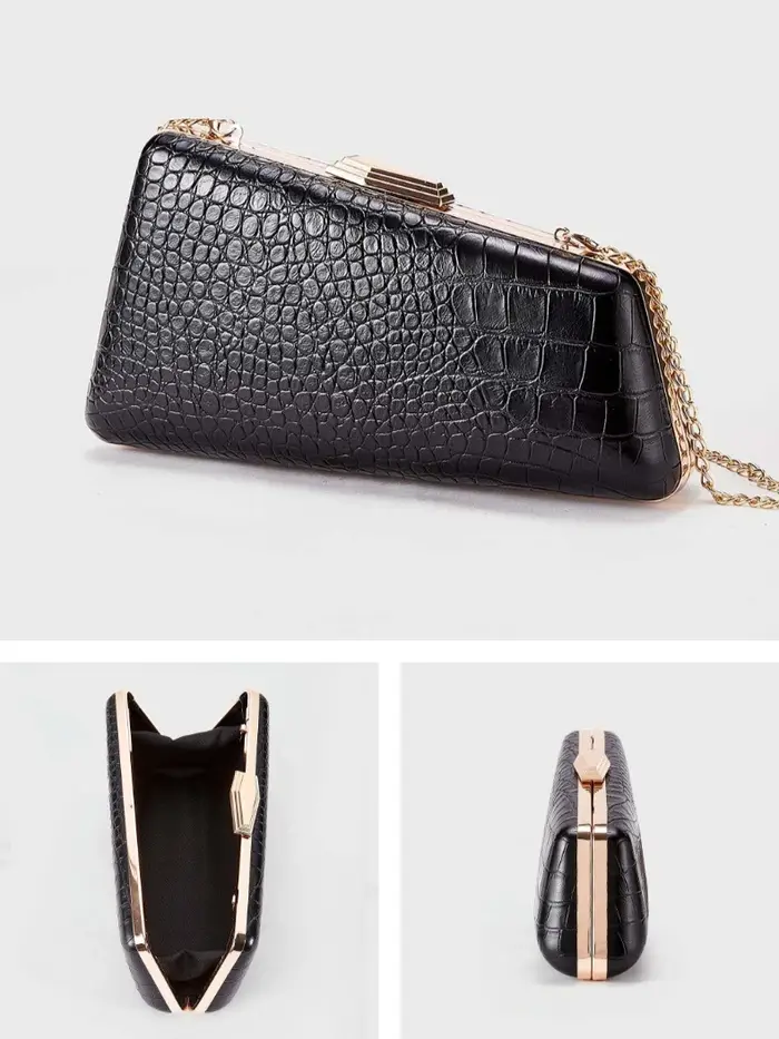 Pochette de soirée en PU motif serpent ou alligator rouge vin avec boucle dorée pour dîner rétro Sac à main pour femmes