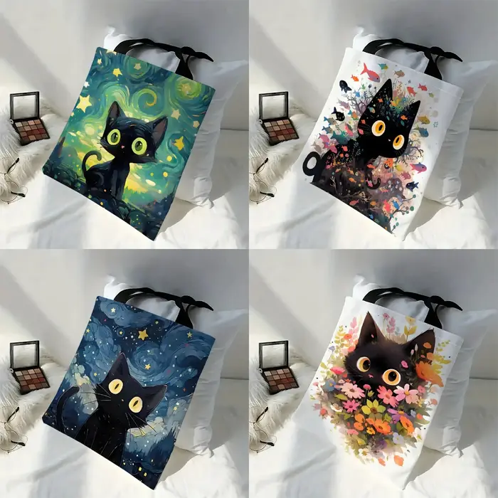 30x35 cm Van Gogh chat noir sac fourre-tout fleur Portable décontracté Eco sac à main sac à provisions Design livres et