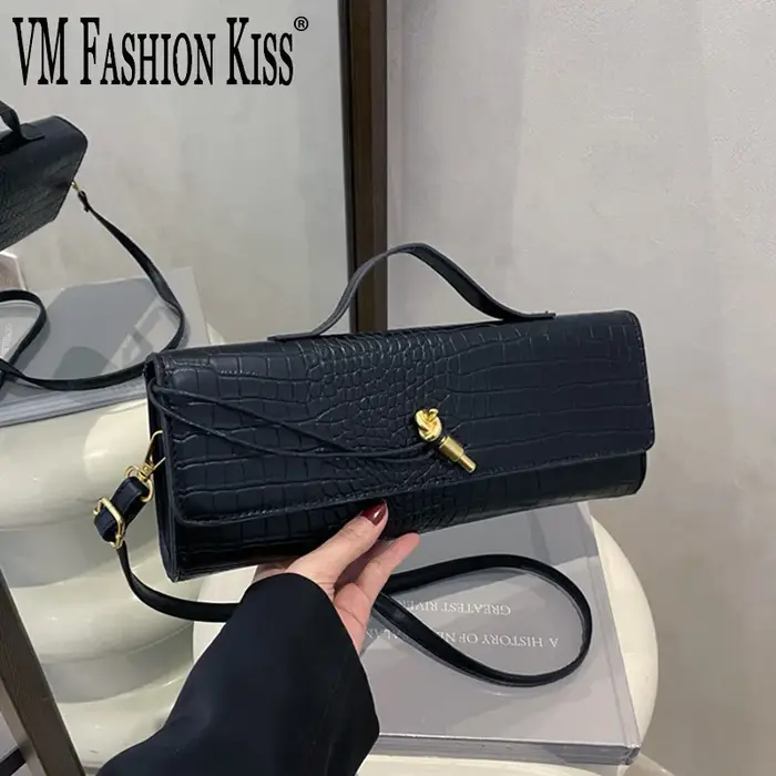 Sacs pour femmes élégants noir rétro en cuir PU motif Crocodile rabat pochette
