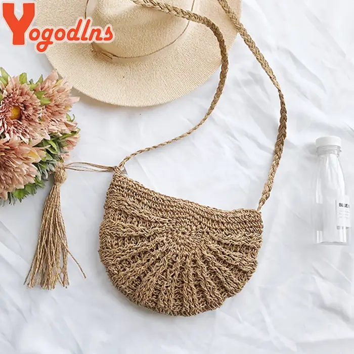 Yogodlns nouveaux sacs de paille demi-ronds pour les femmes été plage sac en rotin tissé à la main demi-lune