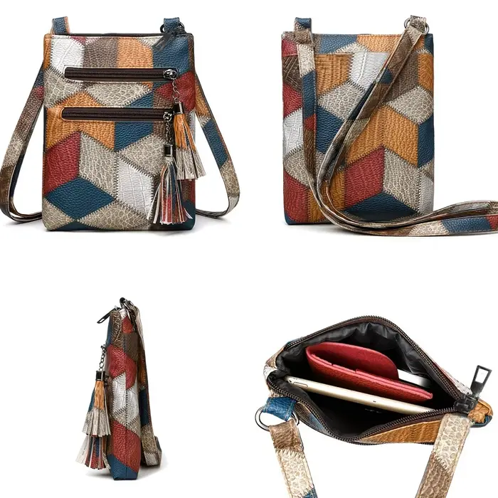 Sac bandoulière vintage en cuir véritable patchwork pour femme