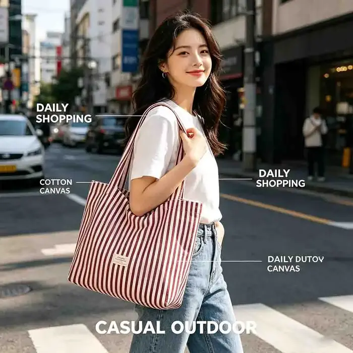Sac fourre-tout en toile à rayures verticales, grande capacité, écologique, en coton, minimaliste, sac à bandoulière décontracté, pochette quotidienne en tissu