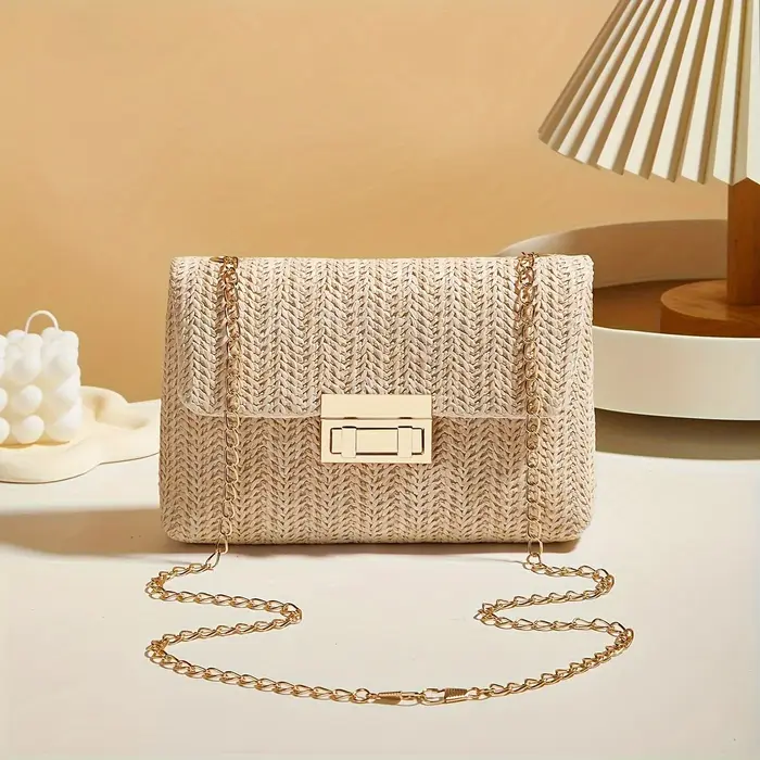 Sac à bandoulière tissé à la main en paille pour femmes, sac à main à bandoulière de couleur unie av
